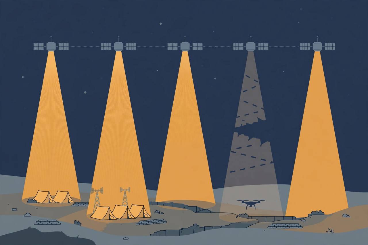 Editorial illustration of generic communication satellites beaming signals toward a frontline landscape at night, with one signal beam dimmed and broken
