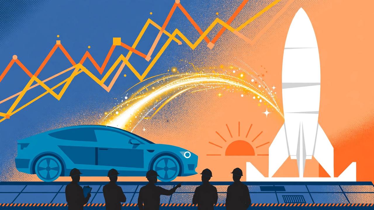 Editorial illustration of a blue electric car and a white rocket on a launchpad linked by a glowing arc, with rising chart lines in the sky and generic engineer silhouettes, no real person's likeness
