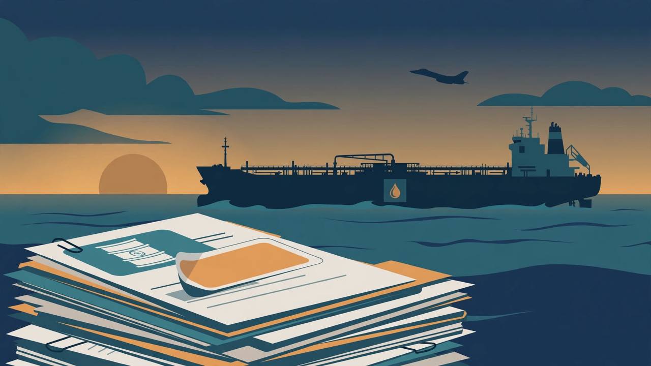 Editorial illustration of an oil tanker at sea with shipping documents and a military jet in the distance