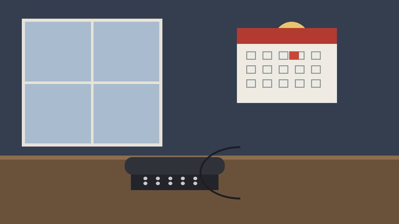 Editorial illustration of a quiet room with a telephone on a table and a calendar on the wall — no real person or place depicted