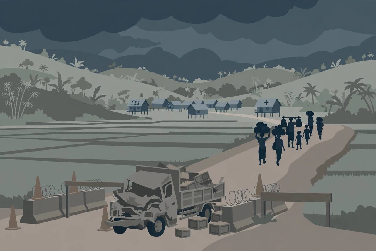Editorial illustration of displaced families carrying bundles away from a village, with a damaged aid truck stopped at a road checkpoint under a dark sky