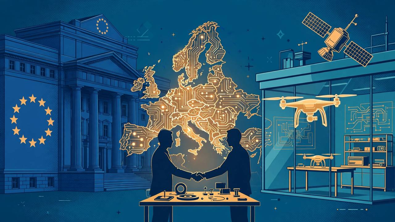 Editorial illustration of a headquarters building, a drone technology laboratory and generic officials shaking hands over a glowing circuit map of Europe