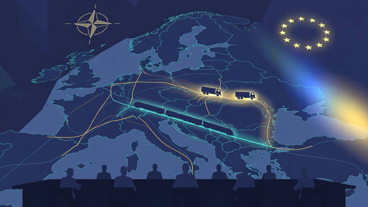 Editorial illustration of a stylised map of Europe with glowing road and rail corridors, generic military transport vehicles and faceless officials at a conference table (Editorial illustration)