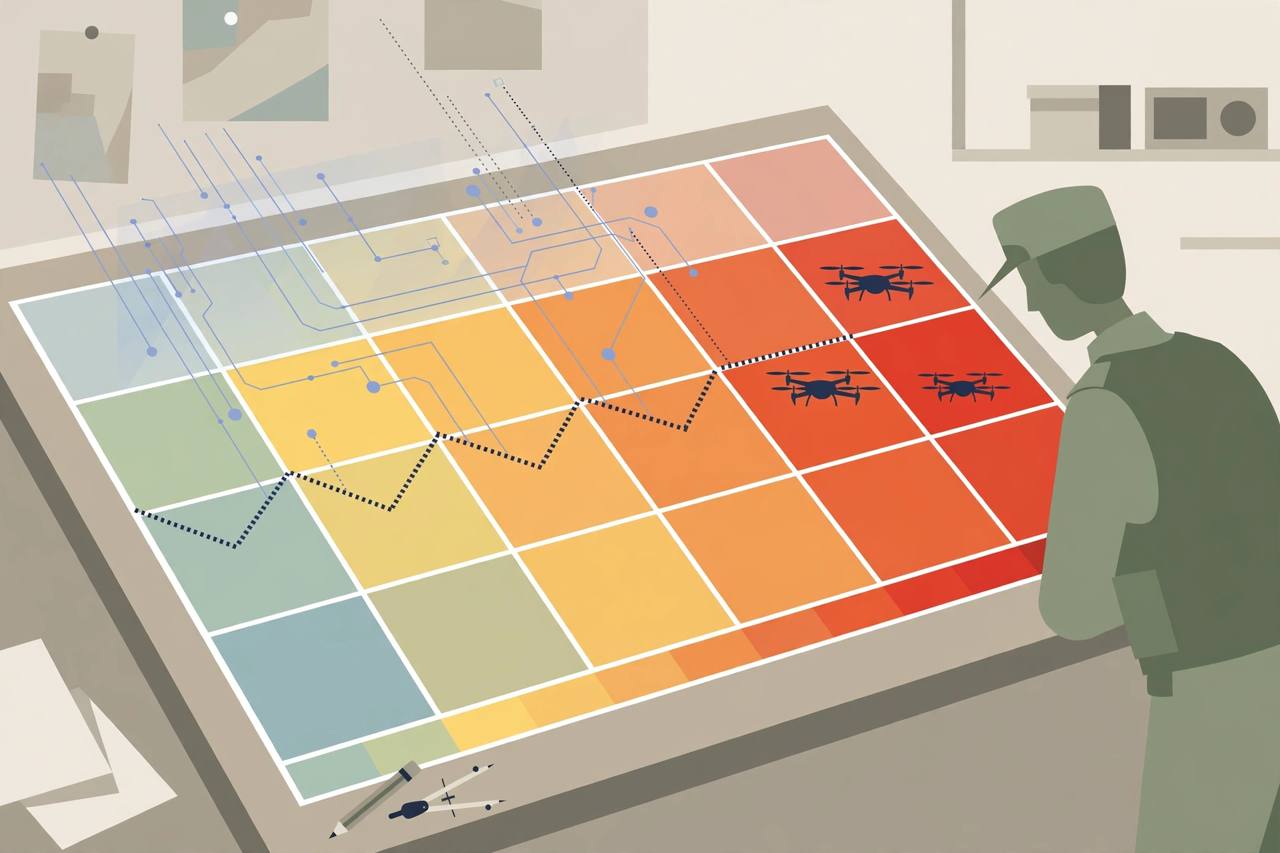 Editorial illustration of a gridded front-line map with shaded risk cells and small drone silhouettes, watched by a generic commander figure