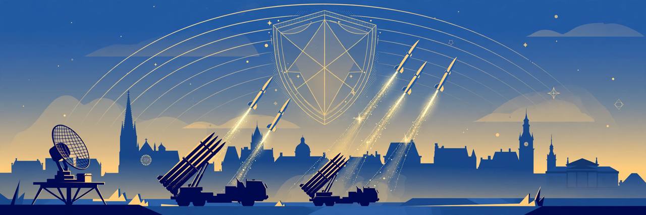 Editorial illustration of air-defence interceptors protecting a European city skyline at dusk