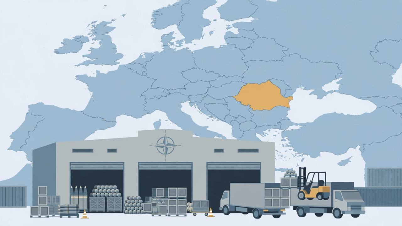 Editorial illustration of a stylised central military logistics hub with generic supply crates, shells and trucks in front of a soft map of Europe, flat style, no text, no real person depicted