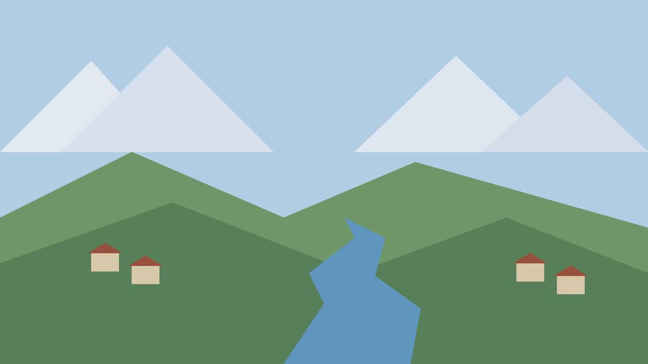 Editorial illustration of a generic Himalayan river valley with small houses — no real person, place or incident depicted