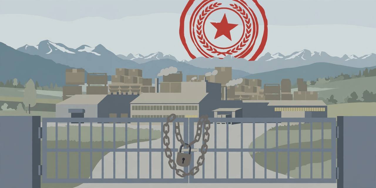Editorial illustration of a food factory behind a closed chained gate with Alps in the distance — no real place or person depicted