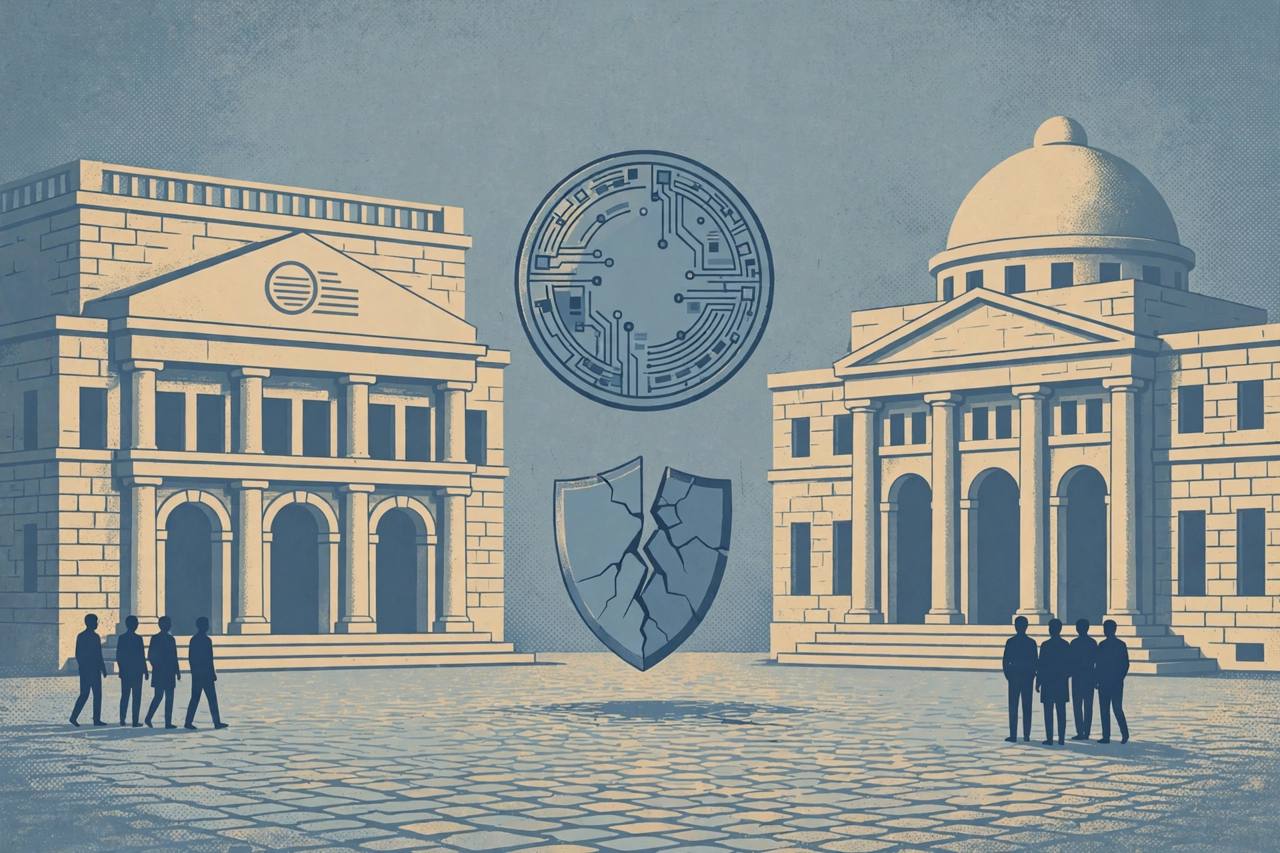 Editorial illustration of a generic central bank and parliament buildings facing each other with a digital coin symbol between them — flat style, no real person depicted