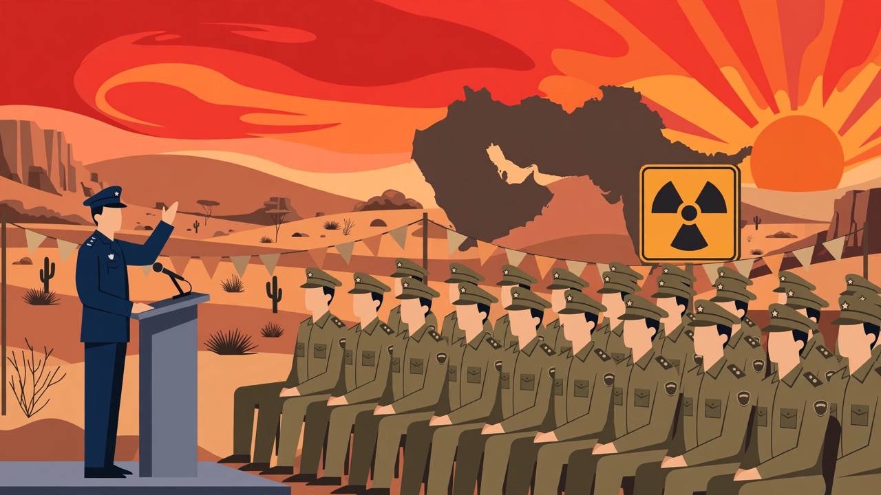 Editorial illustration of a speaker at a podium addressing uniformed officer cadets at an outdoor graduation ceremony, with a Middle East map silhouette behind