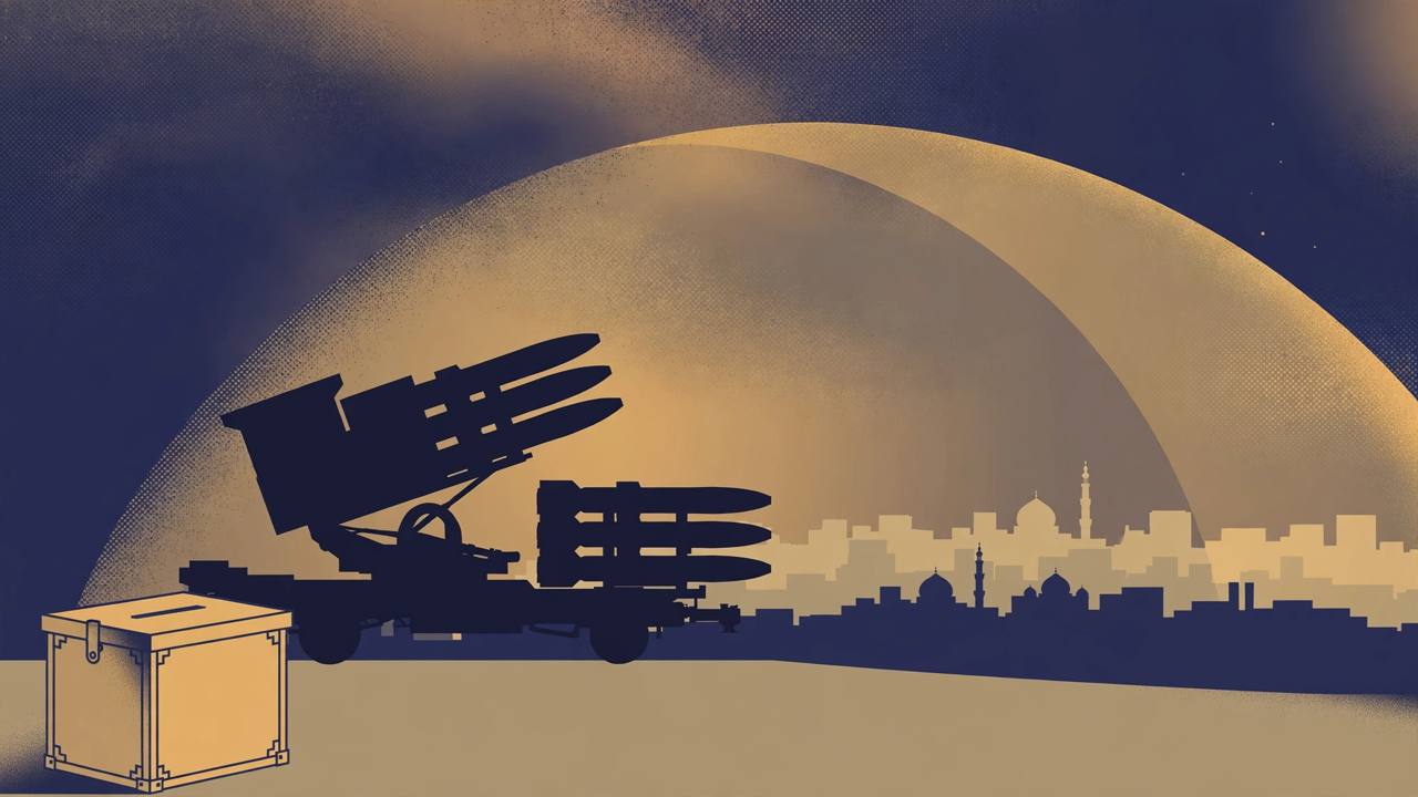Editorial illustration of a generic missile-defence battery at dusk, a protective arc over a distant city skyline and a plain ballot box in the foreground - flat style, no person shown