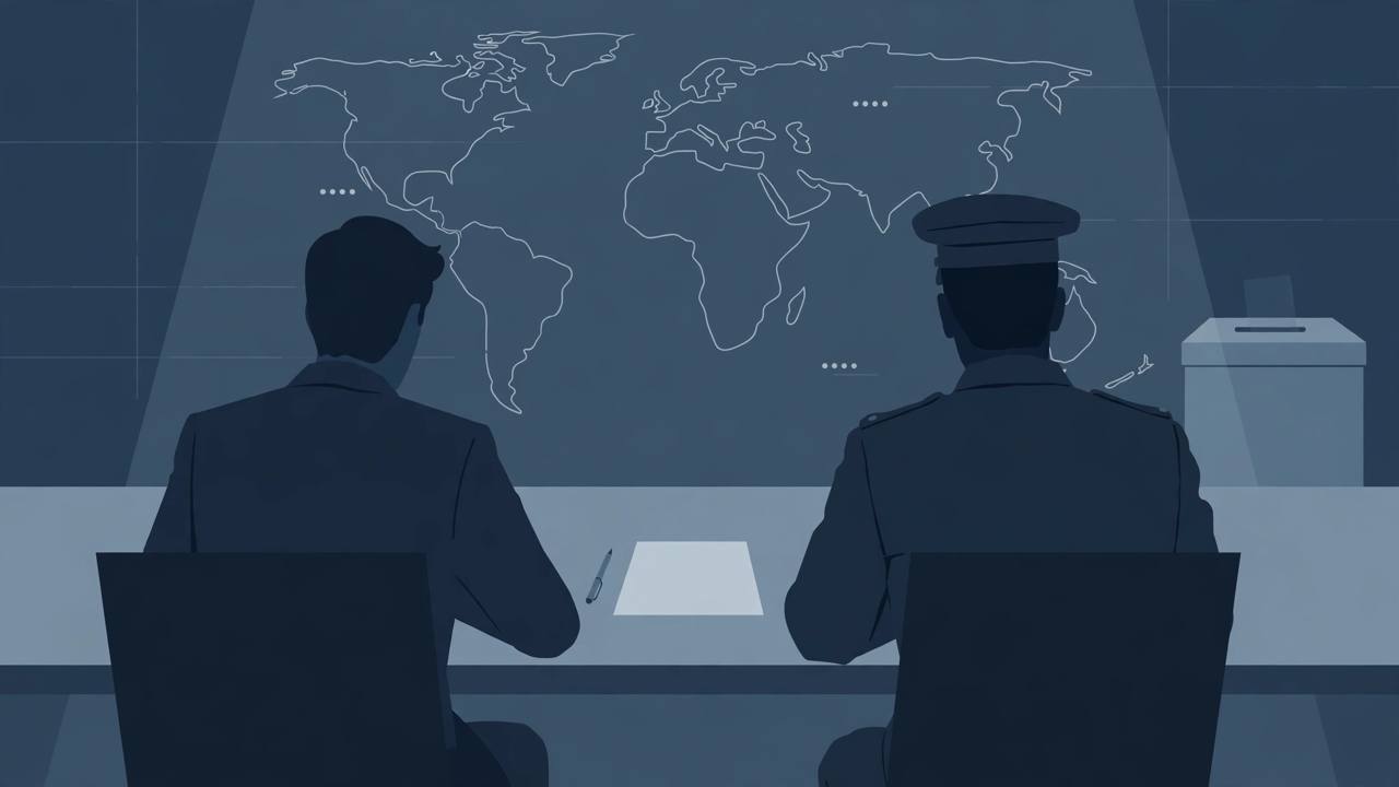 Editorial illustration: two generic silhouetted figures from behind at a situation-room table, one in a suit and one in a generic uniform, with an unsigned document between them - flat style, no real person shown