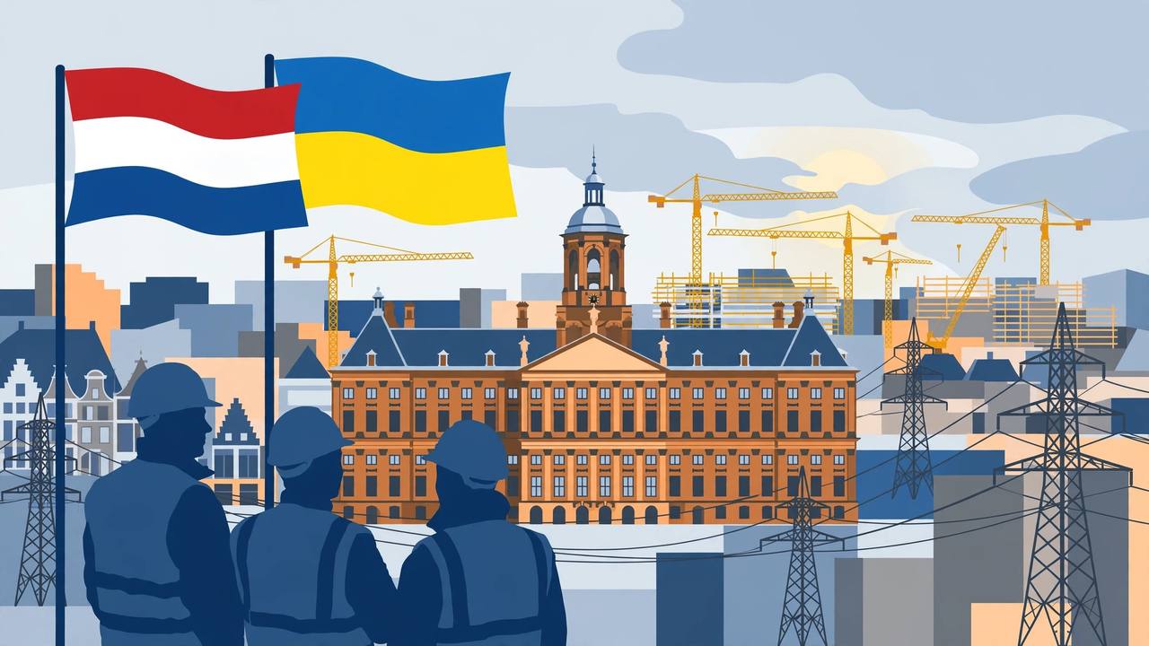 Editorial illustration of The Hague with Dutch and Ukrainian flags, reconstruction cranes and repaired power lines