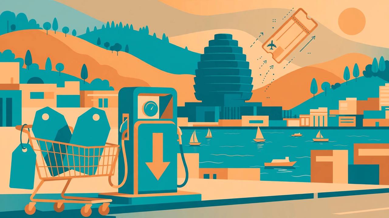 Editorial illustration of a generic New Zealand city street with a shopping trolley, price tags, a petrol pump and a beehive-shaped parliament building, flat style, no text, no real person depicted