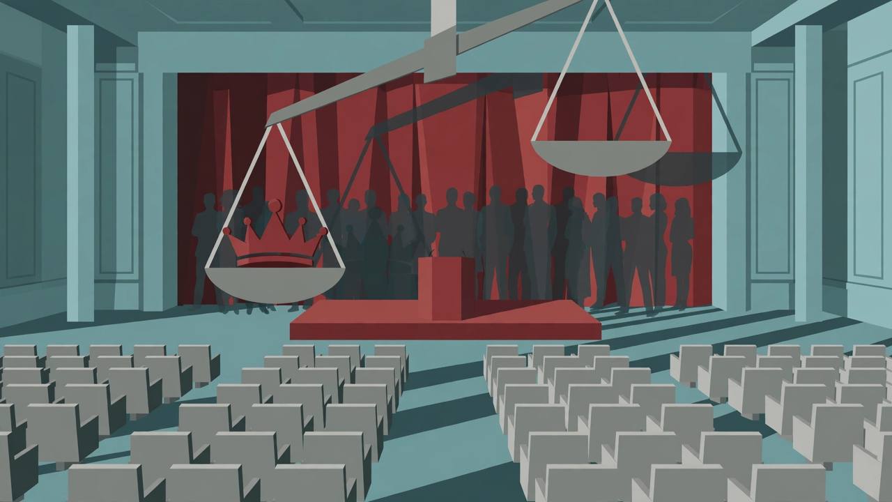 Flat editorial illustration of an assembly hall podium with empty delegate chairs, a balance scale tipped by a crown, and long shadows of generic silhouetted figures behind a curtain