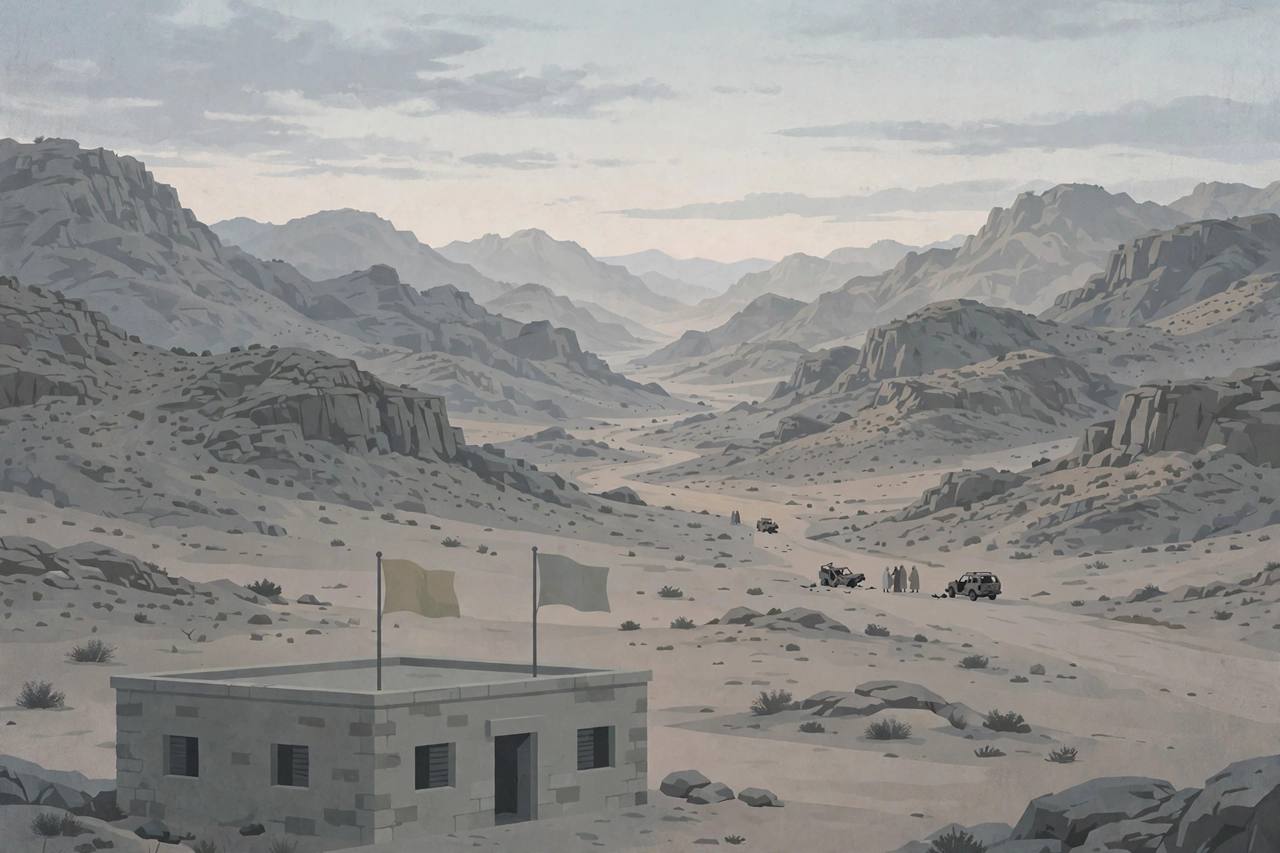 Editorial illustration of a remote mountainous desert pass in northern Niger at dawn with generic small figures and a diplomatic building with generic flags in the foreground