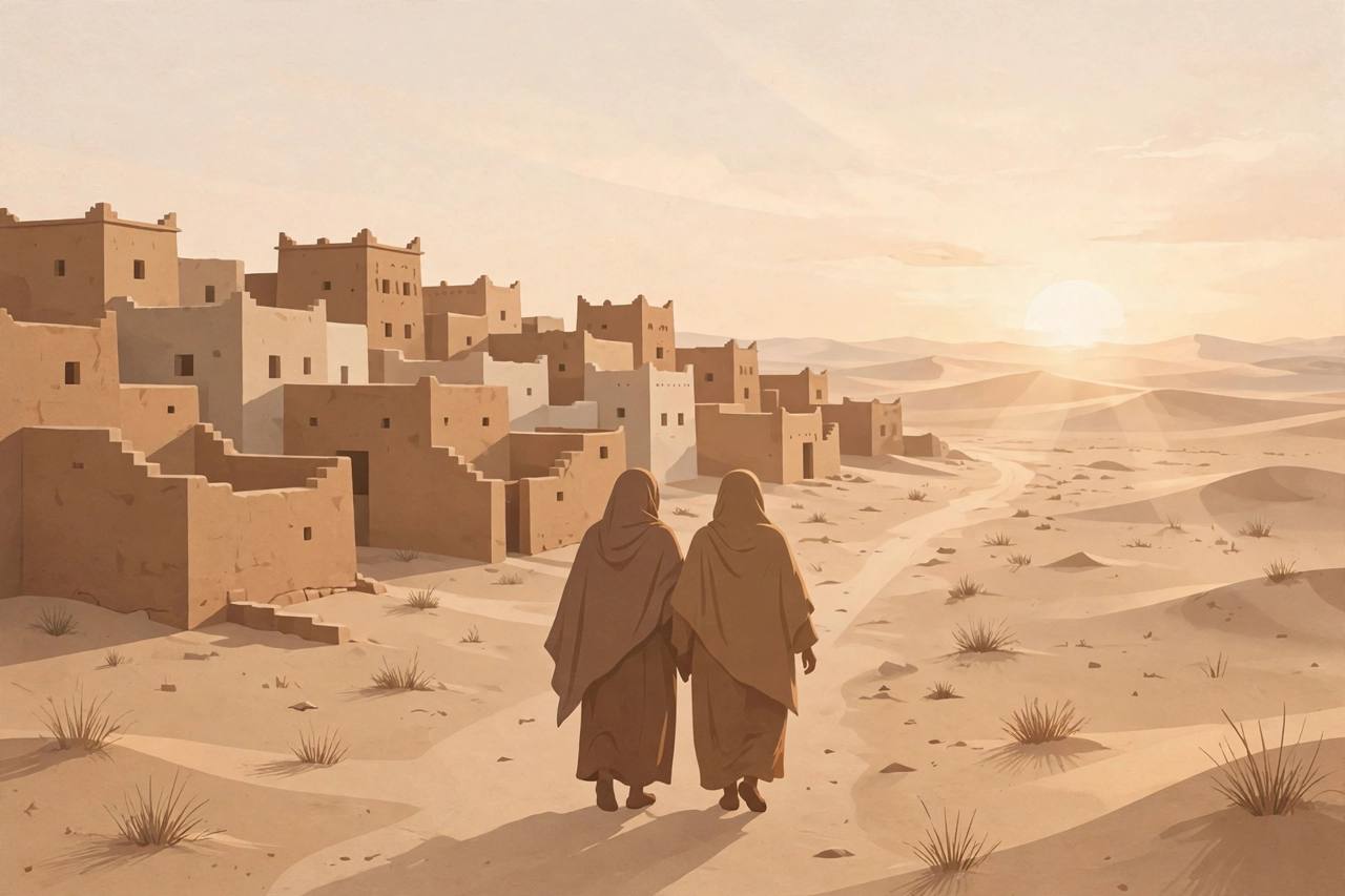 Editorial illustration of two generic women silhouettes walking toward morning light at a Sahara desert town edge, flat style, no text, no identifiable faces