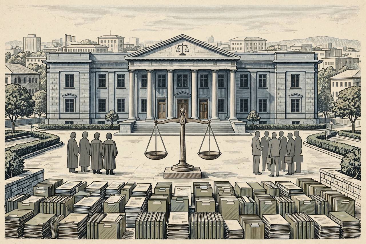 Editorial illustration of a generic courthouse in Abuja with scales of justice and rows of case files