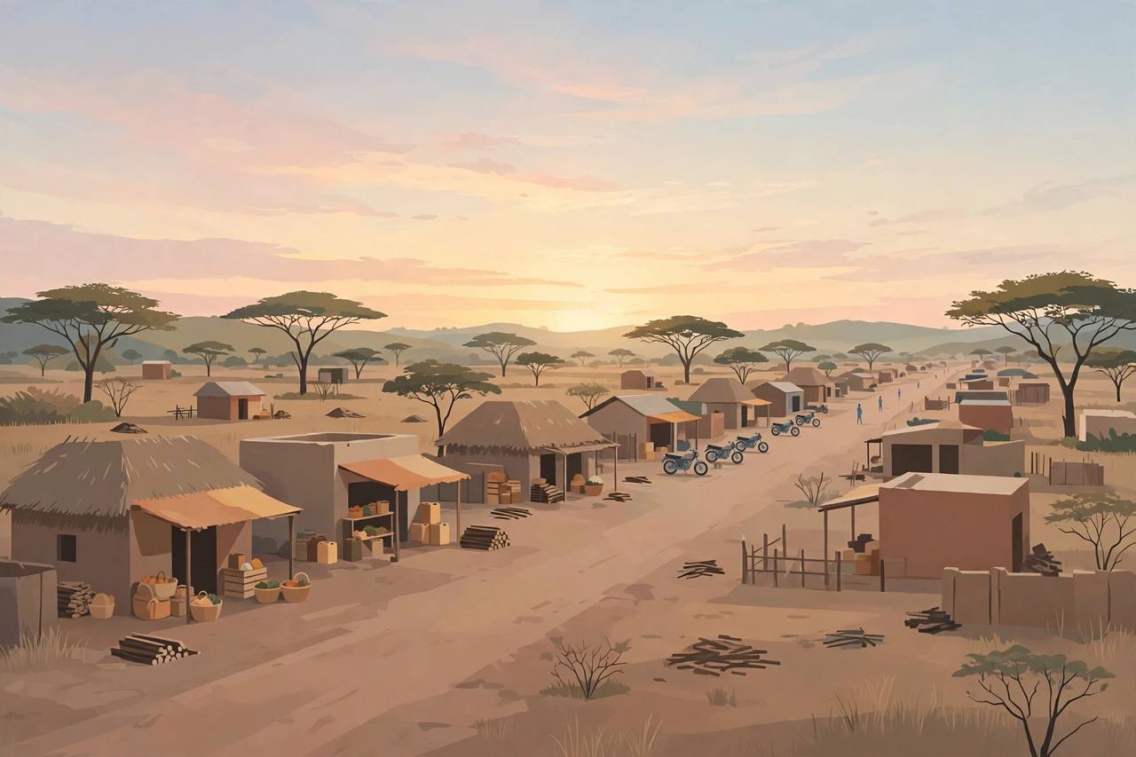Editorial illustration of a generic rural village in northeastern Nigeria at dawn, with small shops and houses along a dusty road — the attack itself is not depicted