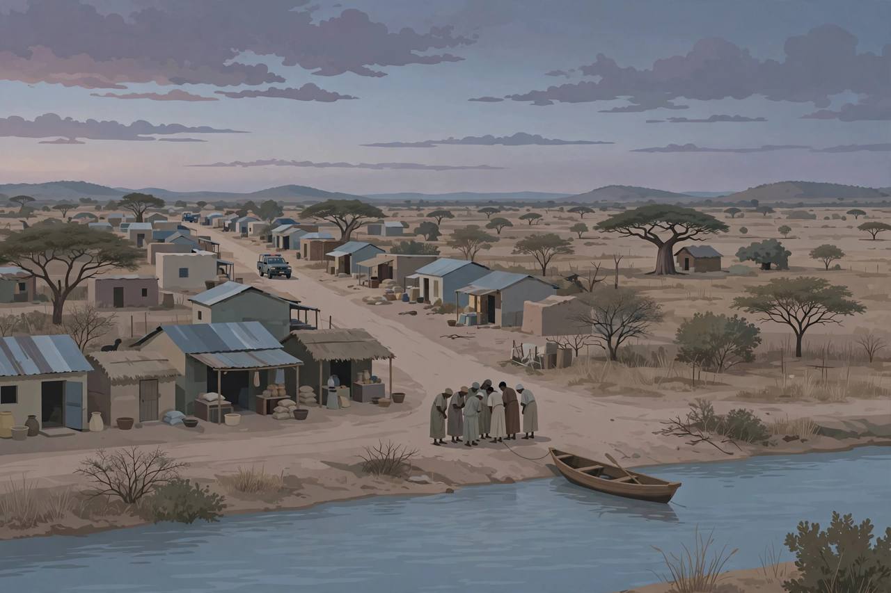 Editorial illustration of a generic rural village in northeastern Nigeria at dusk beside a river with a small wooden boat, villagers standing together in quiet mourning and a police pickup in the distance - flat style, no violence depicted, no real person shown