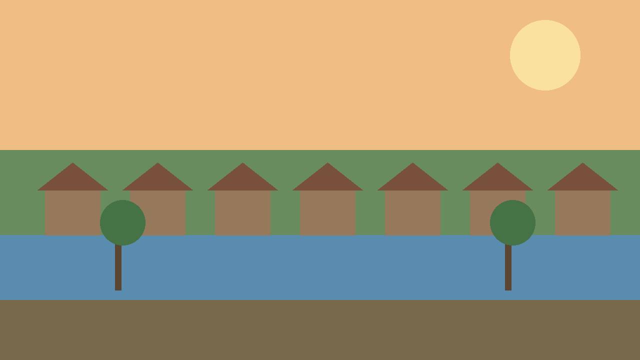 Editorial illustration of a generic rural village landscape beside a wide river at dusk, no people