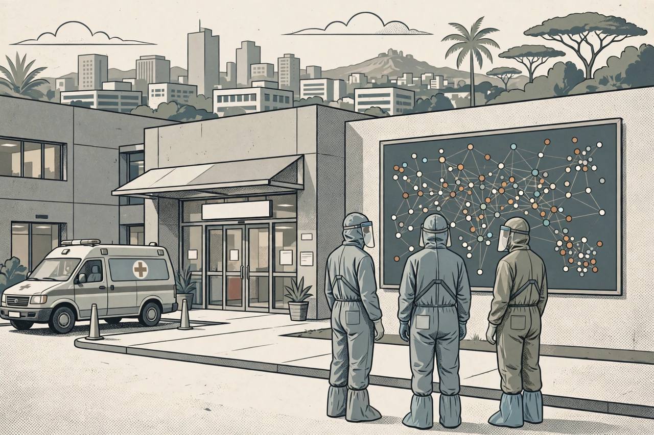 Editorial illustration of generic health workers in protective suits at a hospital isolation unit with a contact-tracing board of connected dots and an ambulance — flat style, no real person depicted