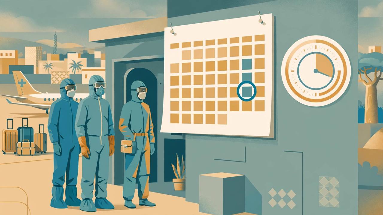Editorial illustration of health workers in protective suits at a clinic entrance, with a calendar and countdown clock motif and a medical evacuation flight behind them