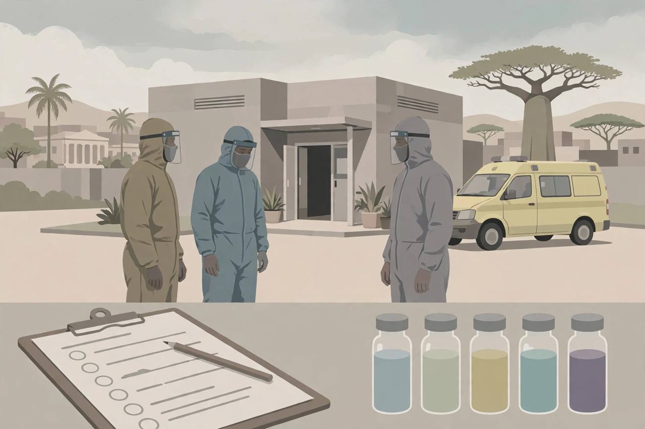 Editorial illustration of health workers in protective suits outside a hospital isolation ward, with an ambulance nearby