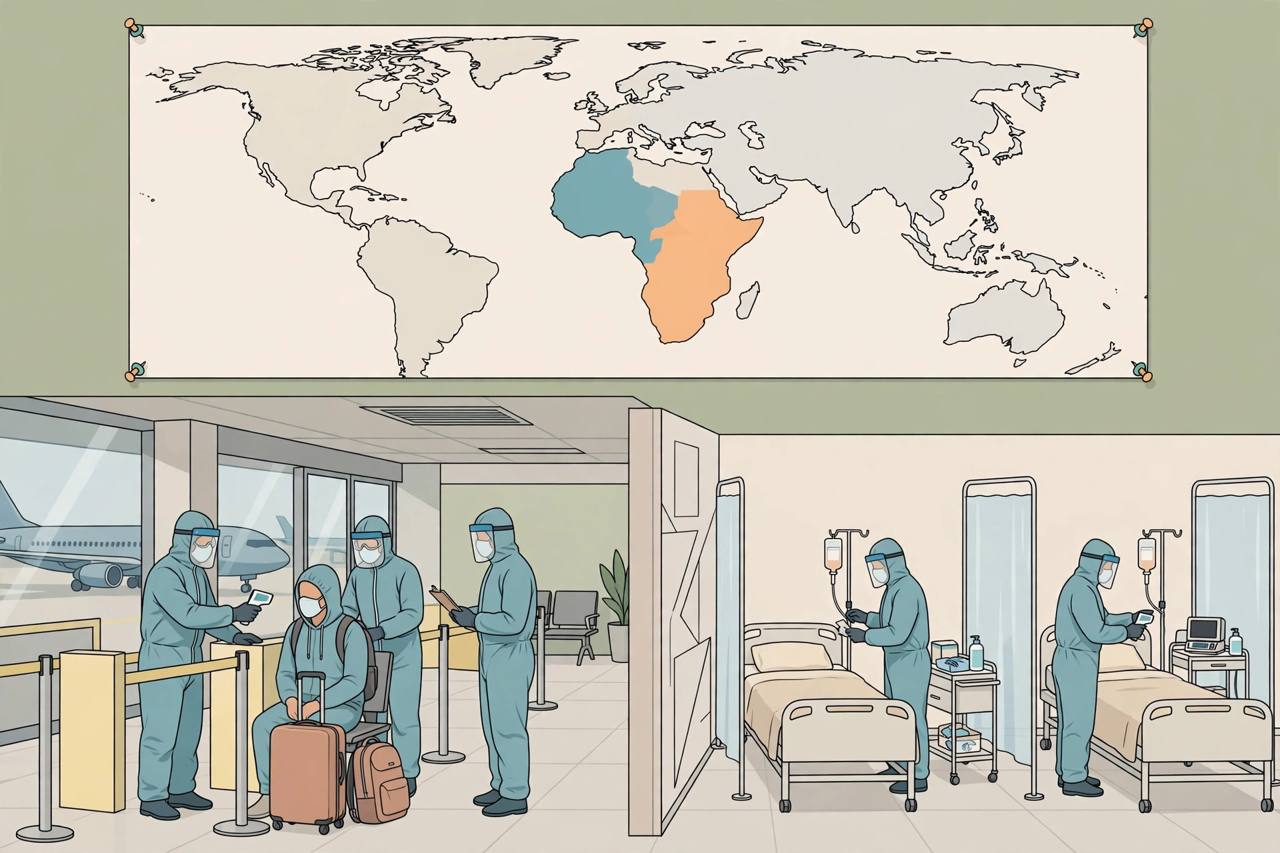Editorial illustration of generic health workers in protective suits conducting screening at an airport entry point in Abuja, with a generic isolation ward and a map of Africa behind them