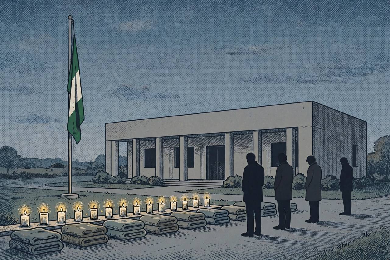 Candles and mourners outside a government building in Nigeria (editorial illustration)
