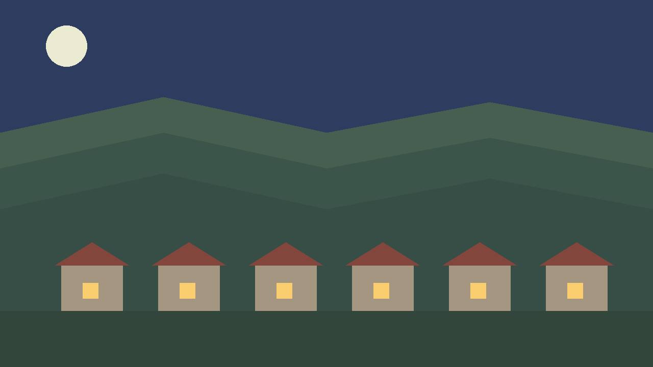 Editorial illustration of generic plateau hills and village rooftops at night, no people