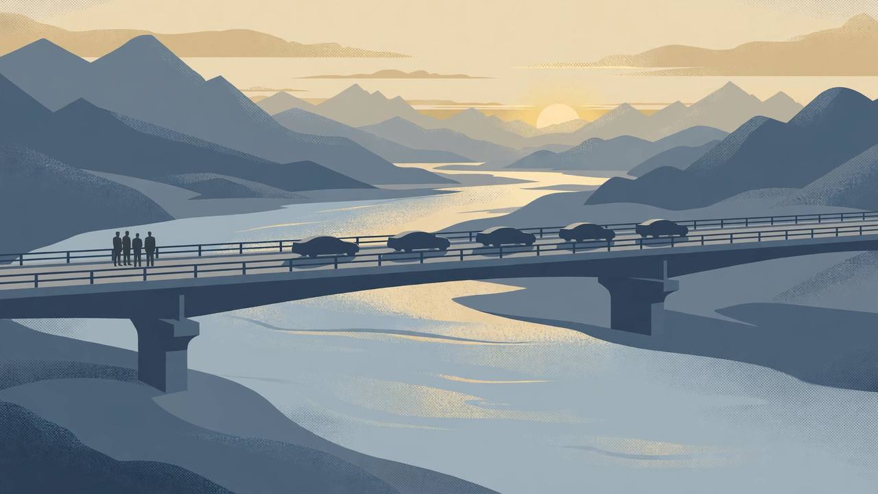 Editorial illustration of a generic official motorcade crossing a large new four-lane river bridge between China and North Korea at dawn, with generic diplomat figures in silhouette beside the railing
