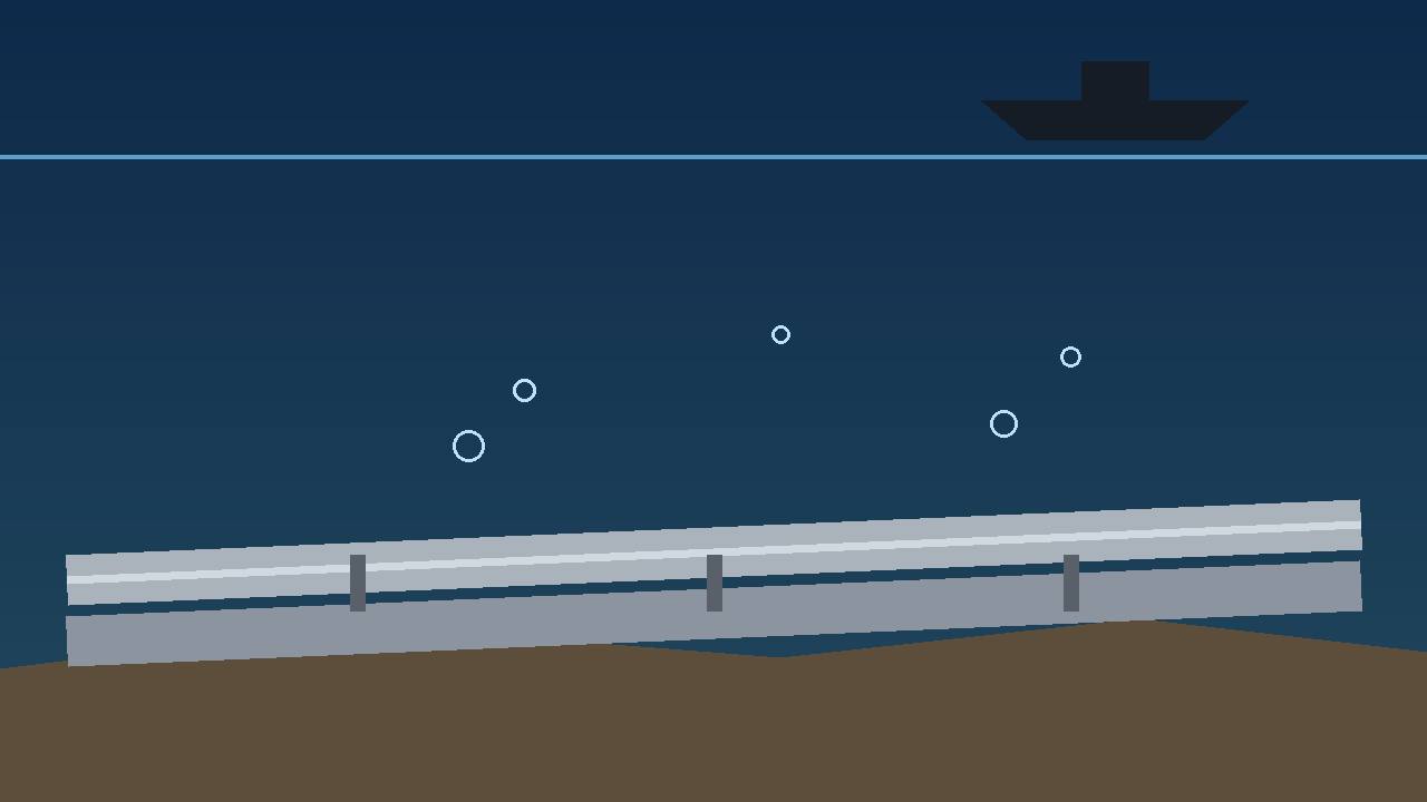 Editorial illustration of undersea Nord Stream gas pipelines on the Baltic seabed, with bubbles rising toward the surface