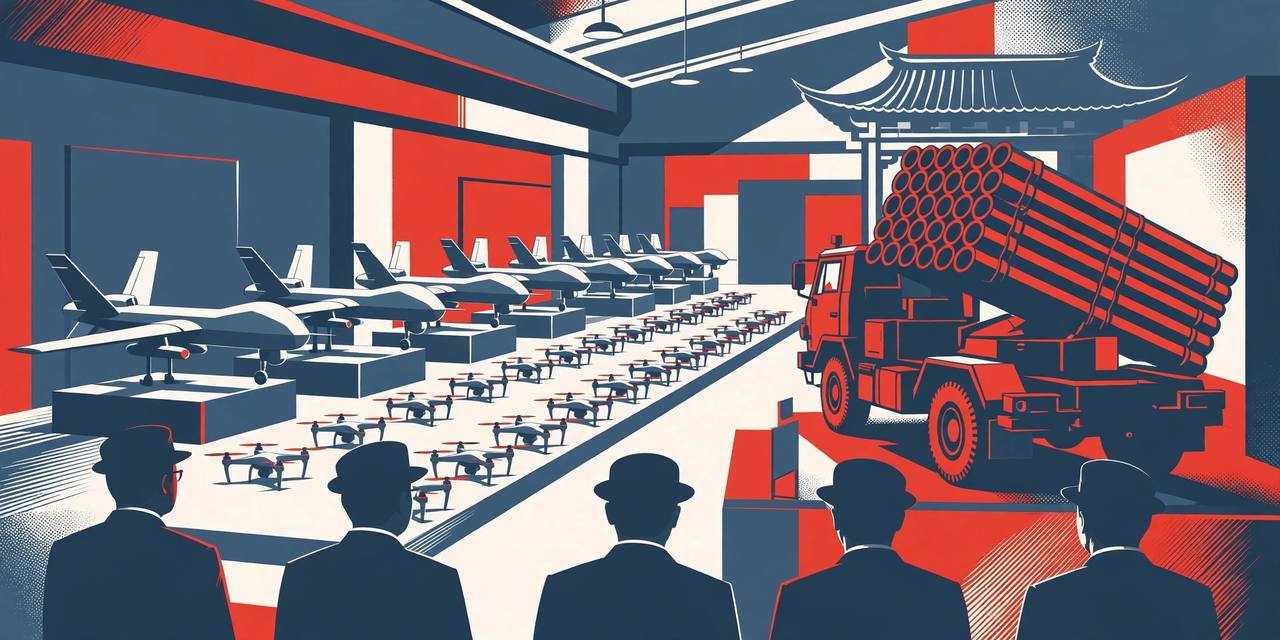 Editorial illustration of generic military drones and a multiple rocket launcher on display in an exhibition hall, watched by silhouetted officials
