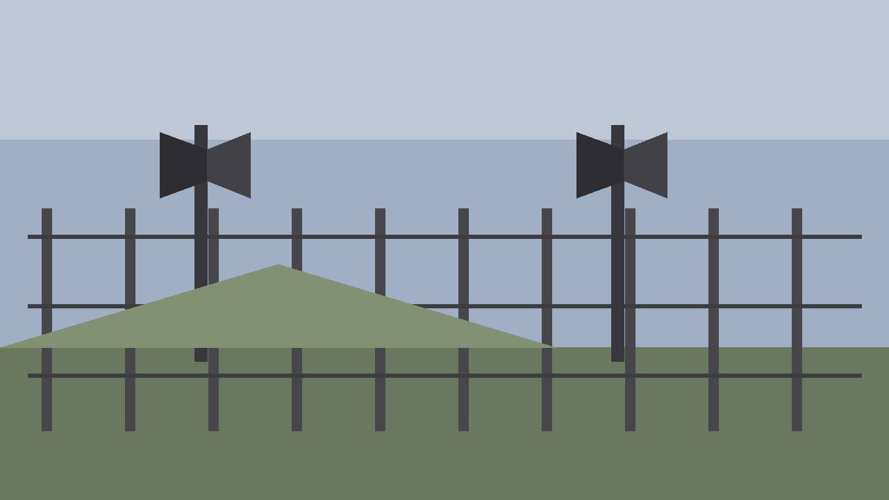 Editorial illustration of border fencing and loudspeaker poles along a fortified frontier, for the story on North Korea restarting border loudspeakers