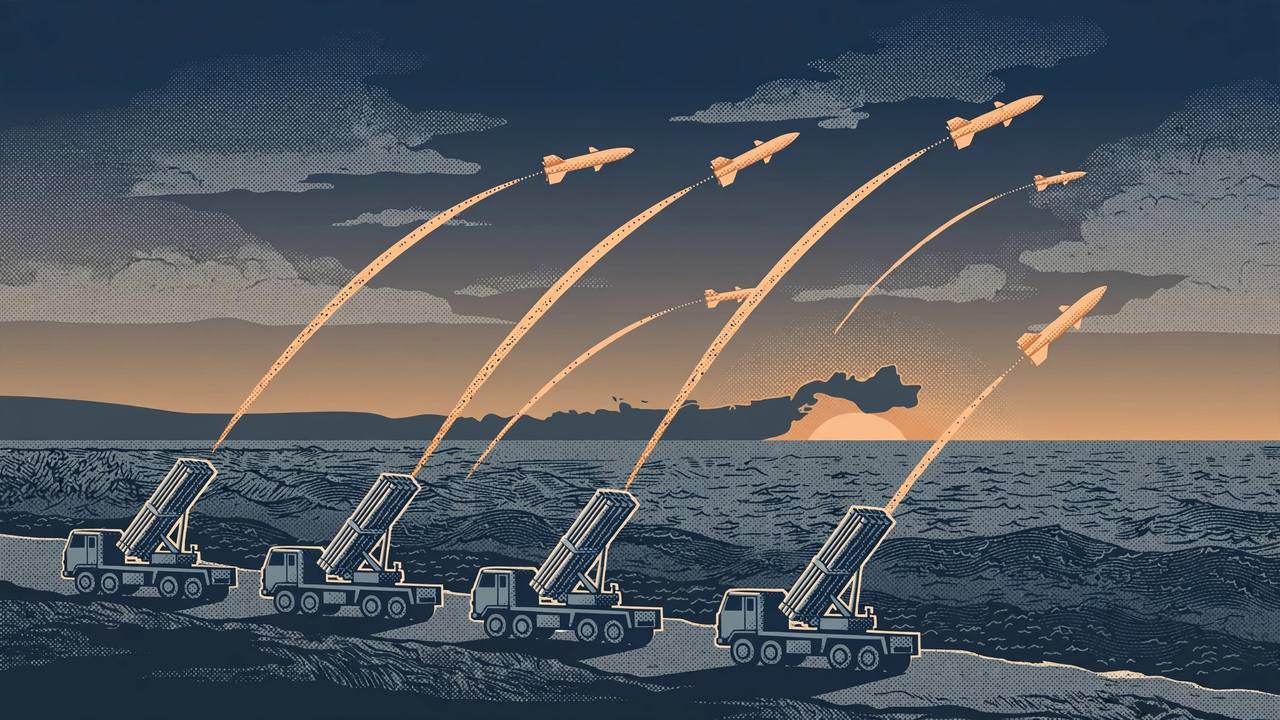 Flat editorial illustration of generic mobile missile launchers on a coastline firing stylised missiles in arcs over the sea