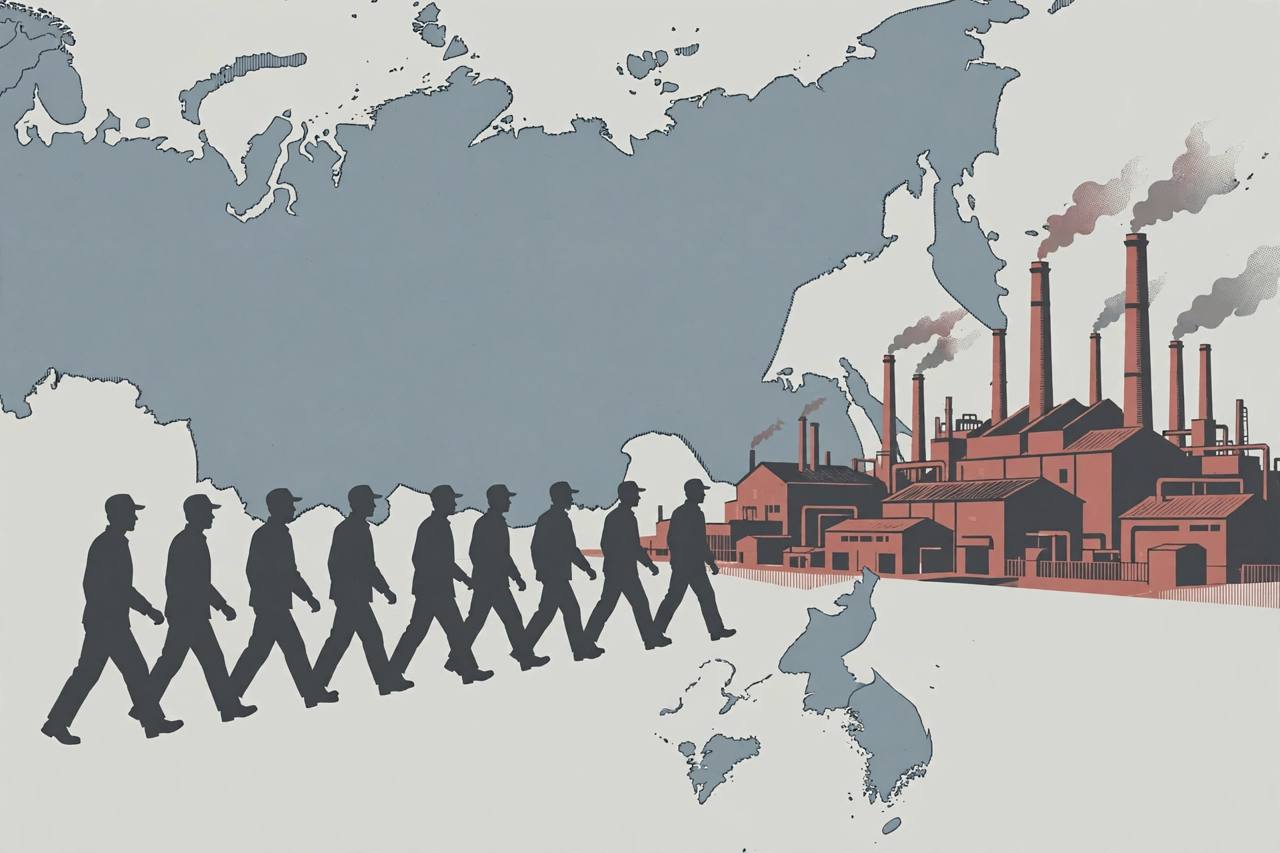 Editorial illustration of generic factory workers walking towards large industrial factory buildings, with an abstract map backdrop suggesting Russia and the Korean peninsula