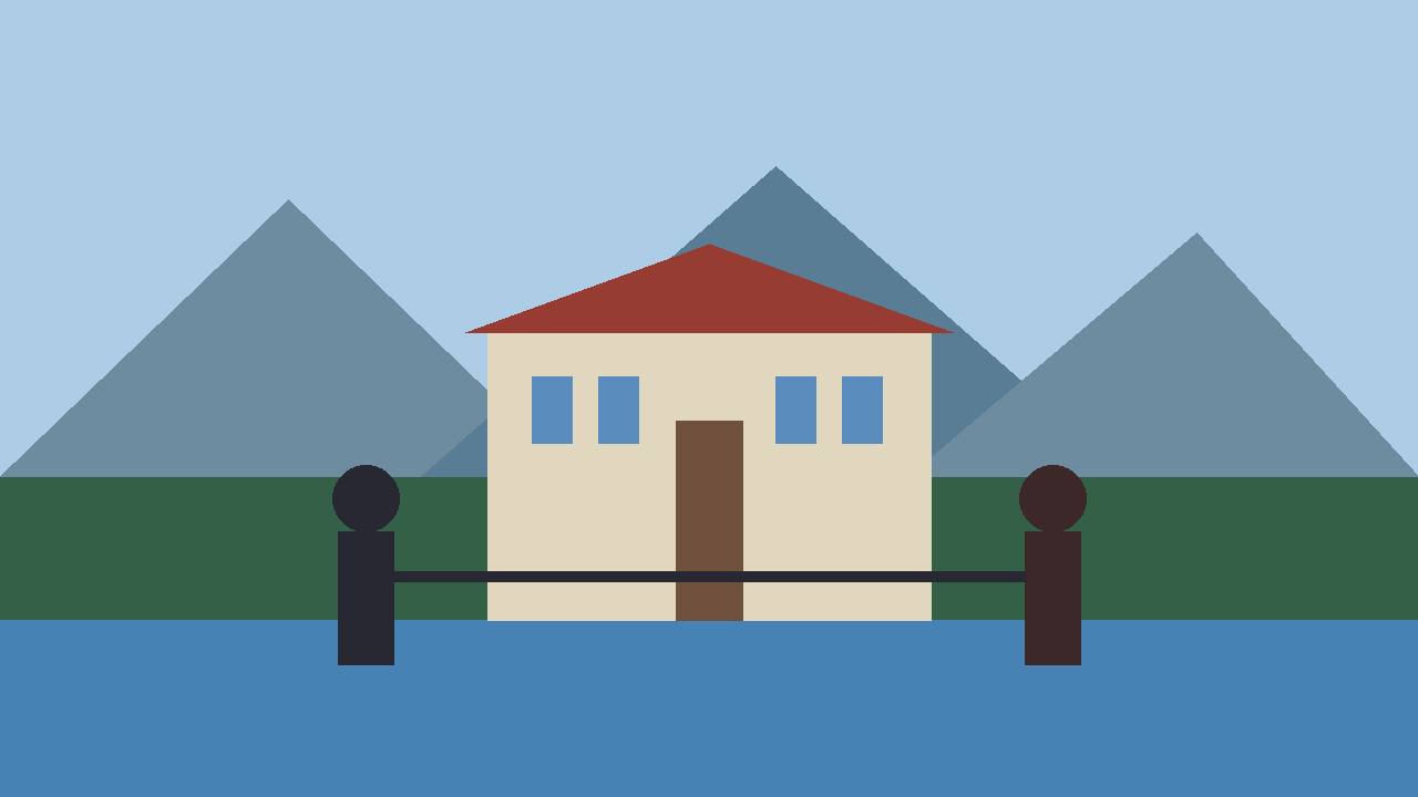 Editorial illustration of a northern fjord town and a parliament-style building with two generic silhouettes shaking hands — flat style, no real person depicted
