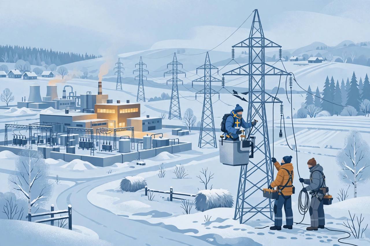 Editorial illustration of engineers repairing a power line beside a snow-covered power station and electricity pylons in winter