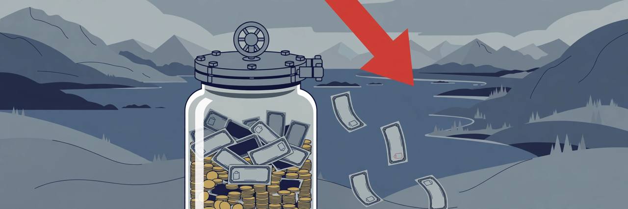 Editorial illustration of a stylised investment vault jar with coins and falling bond certificates, a red downward arrow, and a Norwegian fjord in the background — no real place or person depicted