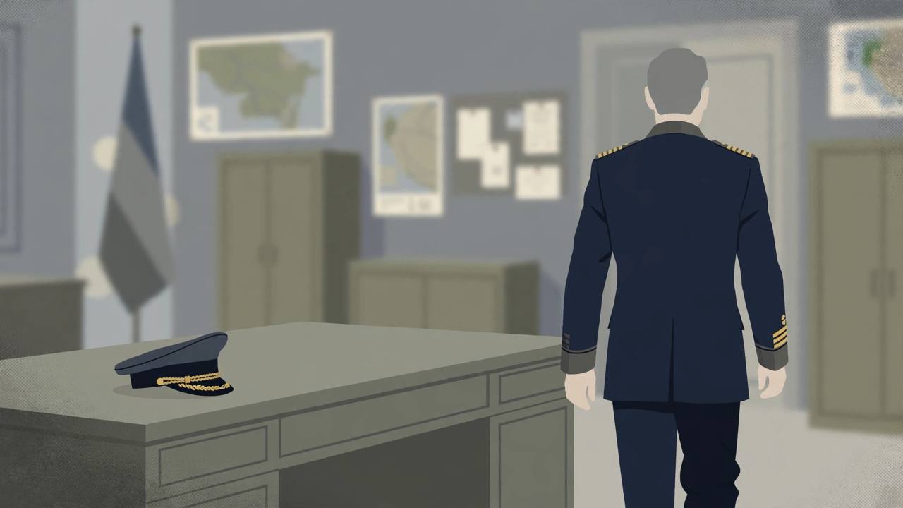 Editorial illustration of a senior military officer walking away from an empty command desk, leaving his cap behind