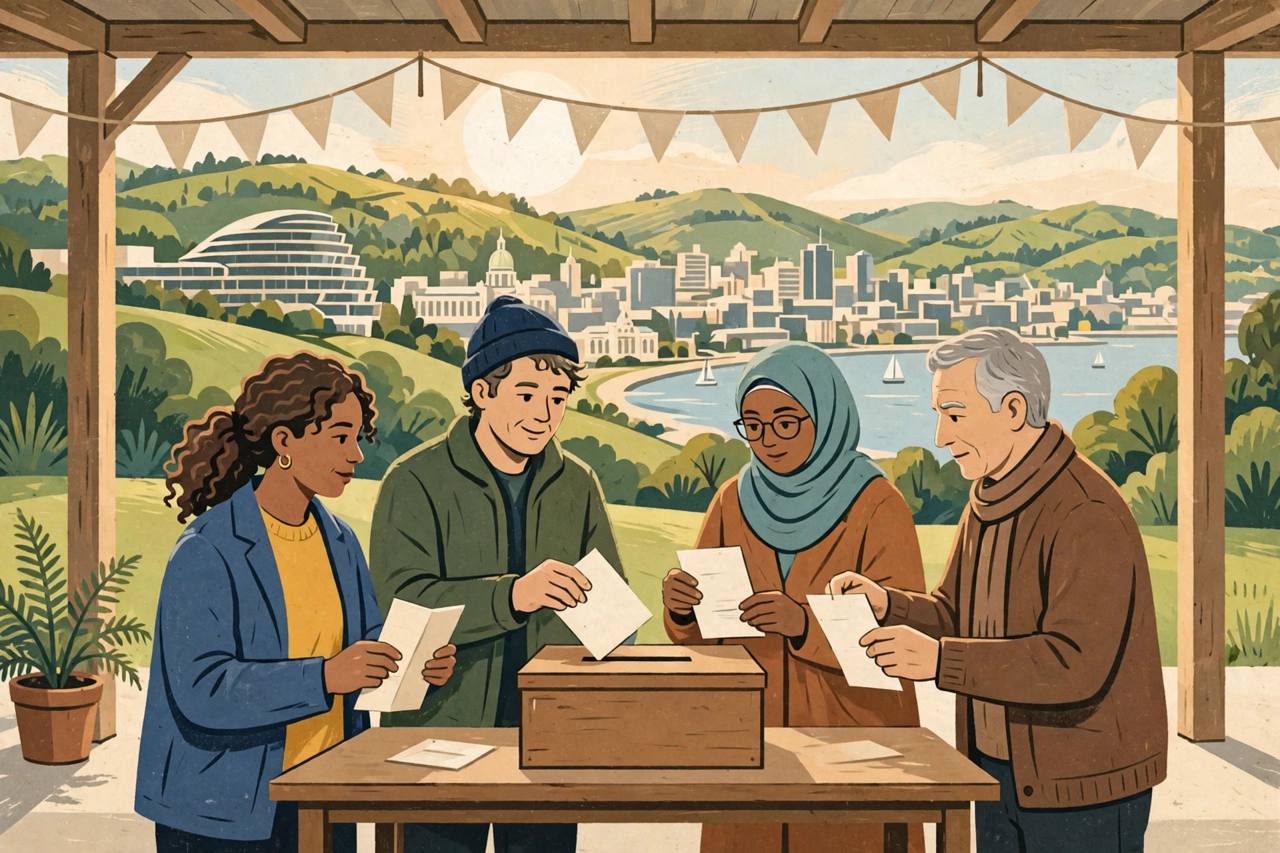 Editorial illustration of voters casting paper ballots into a ballot box with a Wellington-style cityscape behind them