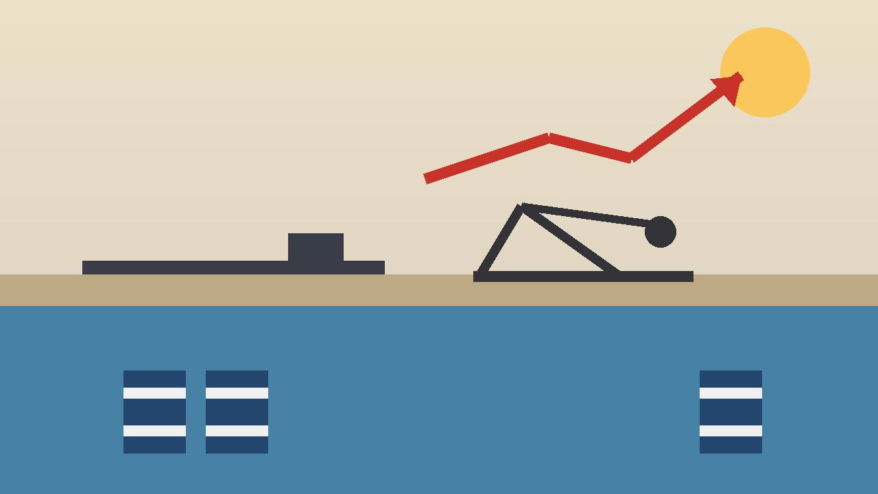 Editorial illustration of a generic tanker, oil pump and barrels with a rising red arrow — no real place or person depicted
