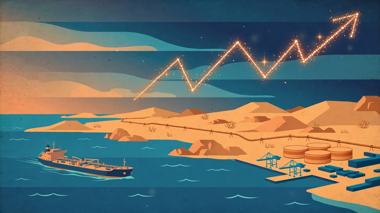 Editorial illustration of an oil tanker at sea near a strait at dusk, a pipeline crossing desert hills to a port terminal with storage tanks, and a rising price arrow in the sky, flat style, no real person depicted