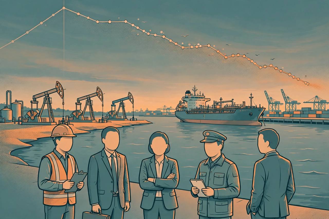 Editorial illustration of oil pumpjacks and a tanker at a Gulf port at dusk under a gently descending price line (Editorial illustration)