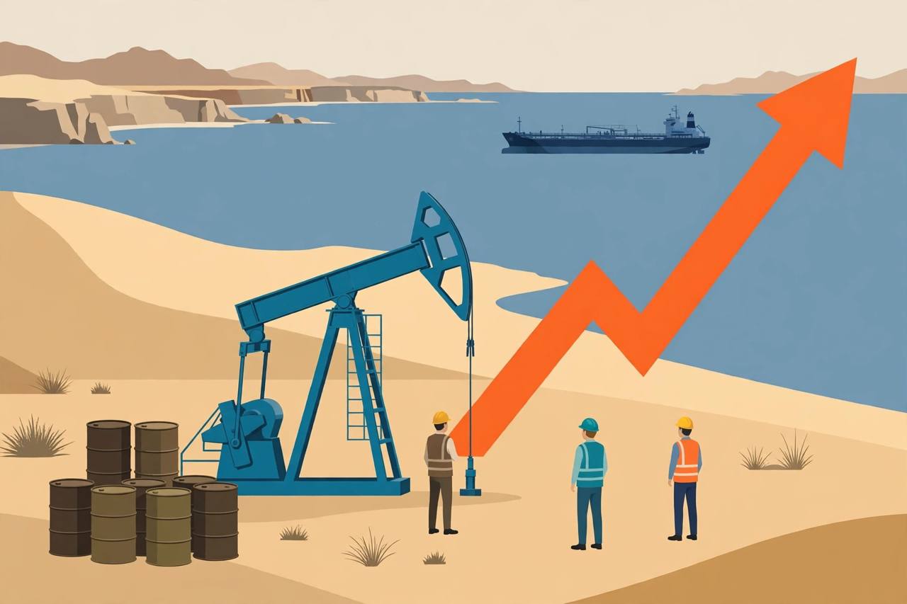 Editorial illustration of oil barrels, a pumpjack and a tanker near Hormuz with a rising price arrow