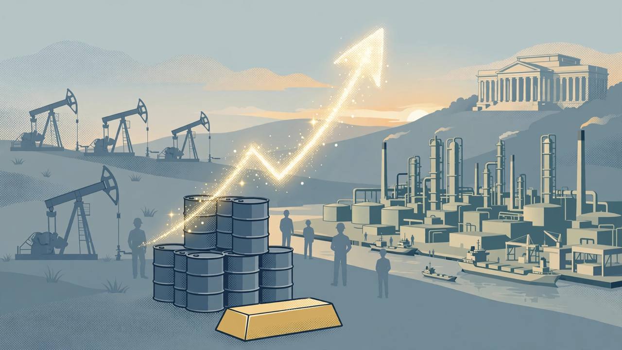 Editorial illustration of oil pumpjacks and a coastal refinery at dawn with an upward price arrow over barrels, a gold bar and a central-bank building in the background