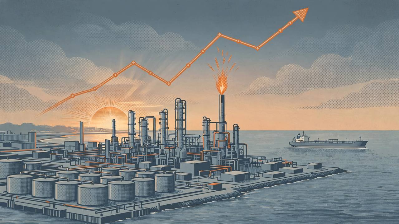 Editorial illustration of a coastal oil refinery with storage tanks and a tanker offshore, with a rising oil-price arrow in the sky above it