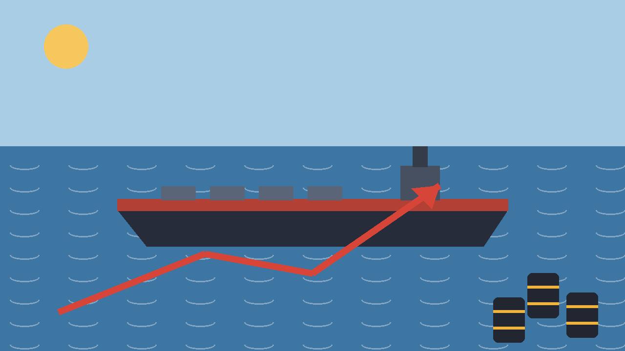 Editorial illustration of a generic oil tanker at sea with oil barrels and a rising red price arrow, flat style, no text, no real person depicted