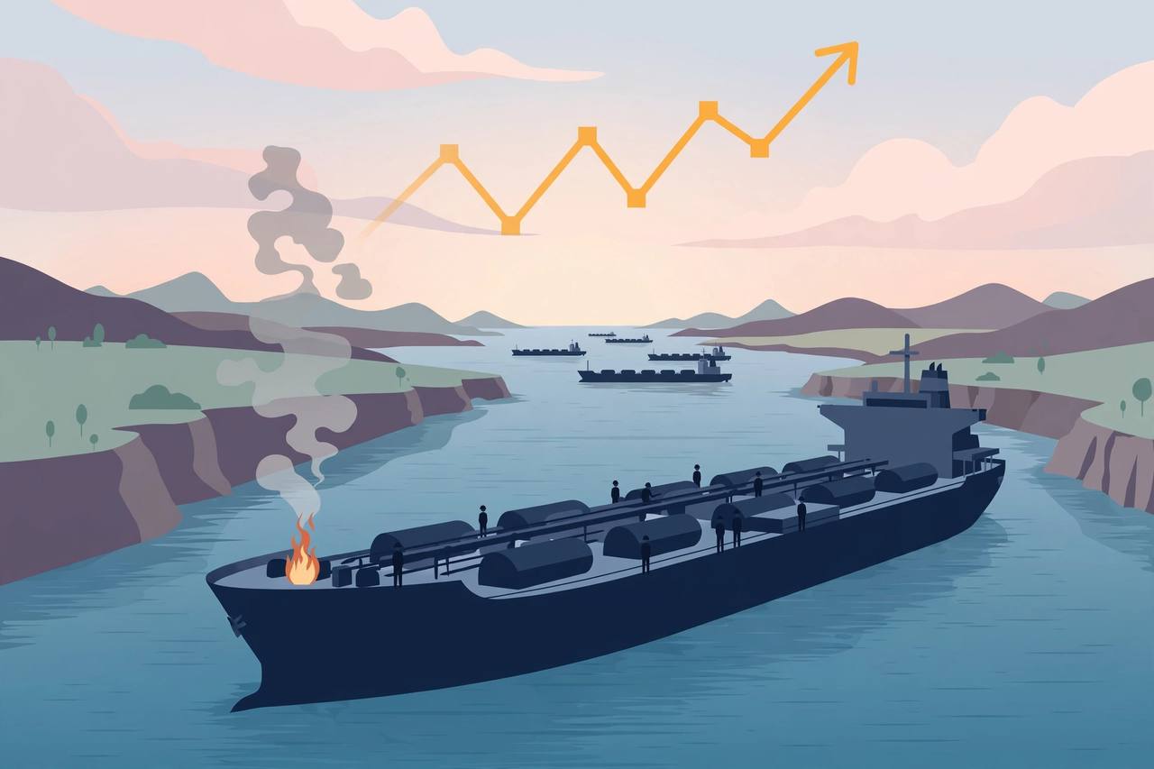Editorial illustration: a large oil tanker at sea in a narrow strait with a small fire at its bow, other tankers waiting in the distance and a rising oil-price arrow, generic crew silhouettes, no real person's likeness